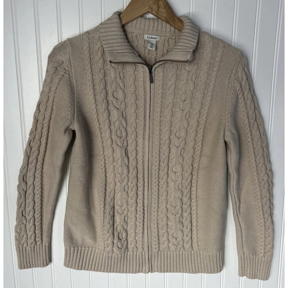 LL Bean Womens Cable Knit Full Zip Cardigan Sweater Size M Beige Chunky